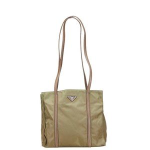 Prada Triangle Logo Plate One-Shoulder Bag Tote B6509 Khaki Brown Nylon Leath...